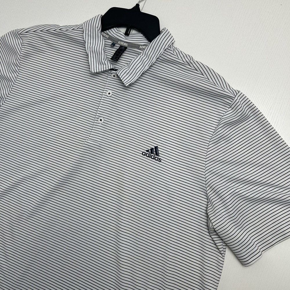Adidas Polo Shirt Mens Size XL White & Blue Striped Casual Golf Short Sleeve